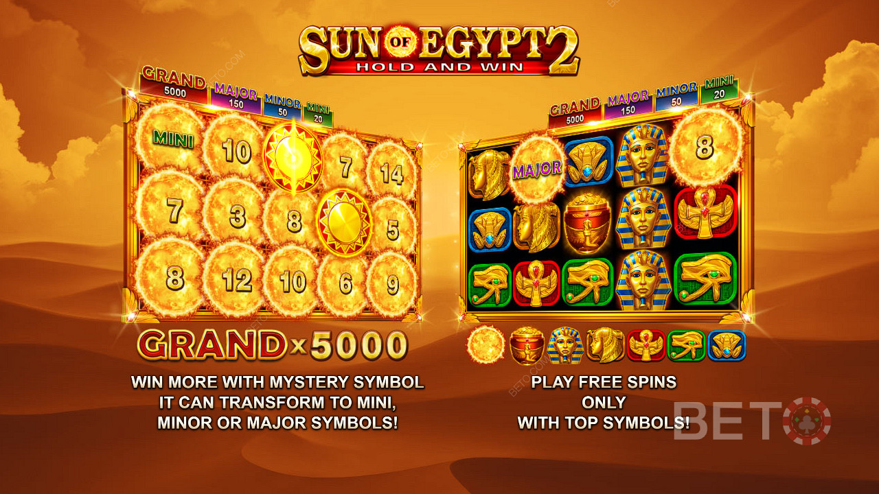Vychutnajte si jackpoty v hodnote až 5 000-násobku vašej stávky a roztočenia zdarma v automate Sun of Egypt 2