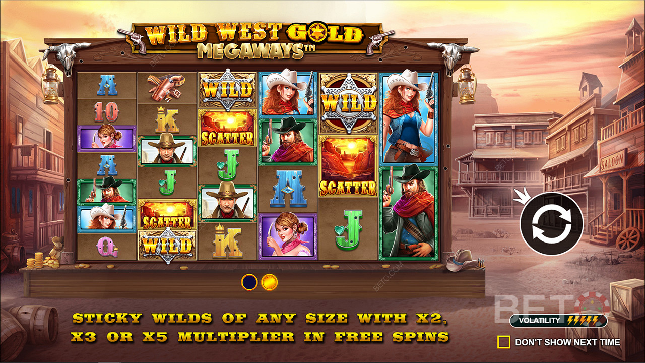 V automate Wild West Gold Megaways sú k dispozícii symboly Sticky Wilds s násobiteľmi až do 5-násobku.