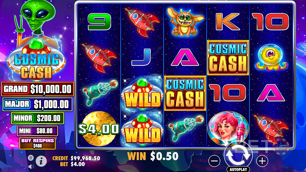 Vzákladnej hre v kasínovom automate Cosmic Cash je veľa symbolov Wild.