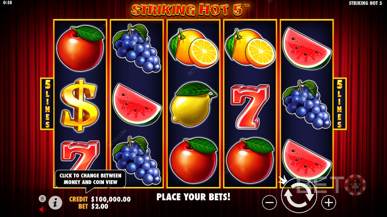 Zahrajte si dnes hru Striking Hot 5 a získajte šancu vyhrať skutočné peňažné ceny v hodnote 5 000-násobku stávky.