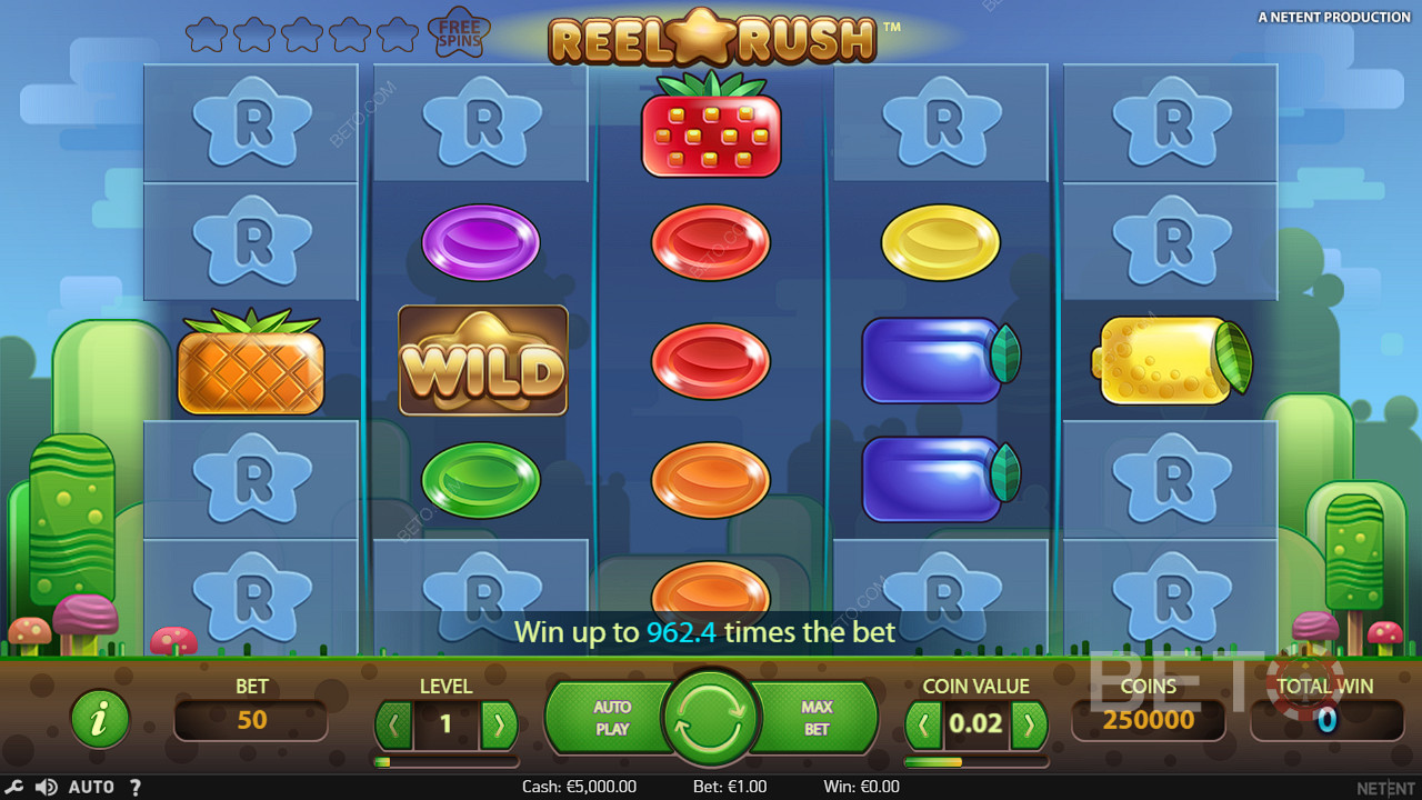 Vo výhernom automate Reel Rush sa často objavujú symboly Wild, ktoré pomáhajú vytvárať výhry.
