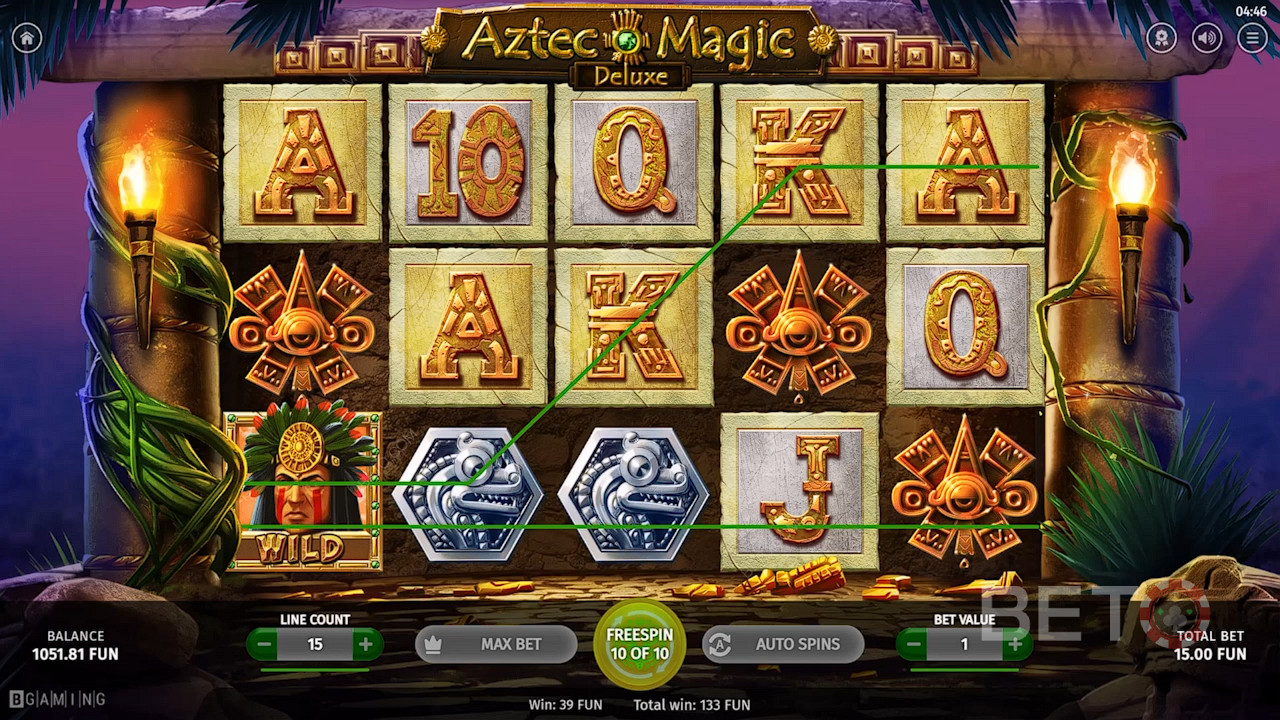 Aztécky bojovník Wild pomáha vytvárať výhry v kasínovej hre Aztec Magic Deluxe