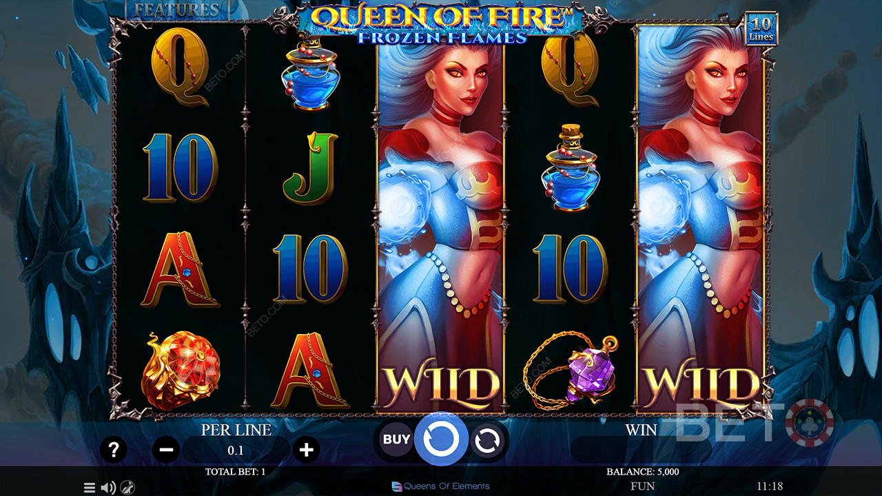 Užite si rozširujúce sa symboly Wilds v základnej hre v slote Queen of Fire - Frozen Flames