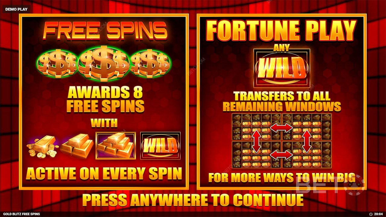 Vysvetlenie bonusových funkcií v hre Gold Blitz Free Spins od Blueprint